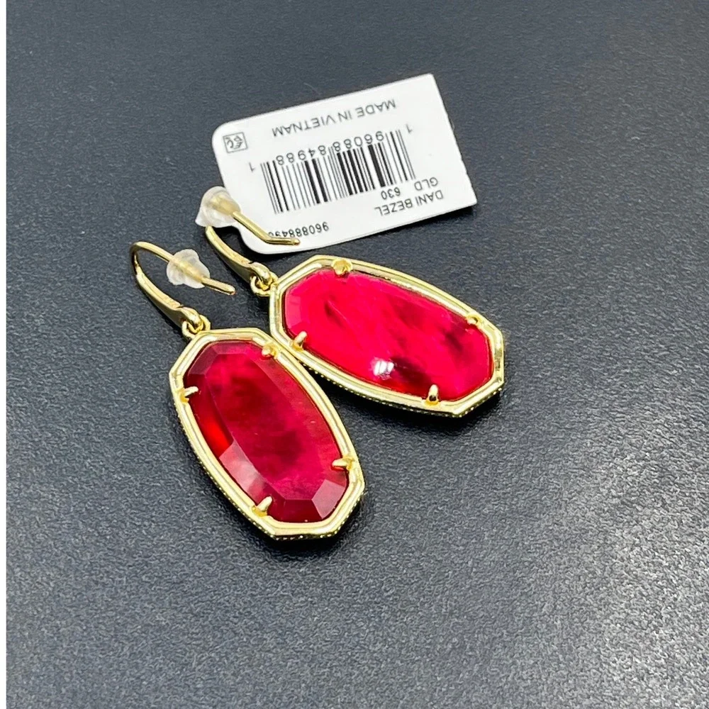 Kendra Scott Dani Carmine Red Illusion Bezel Drop Dangle Gold Plated Earrings